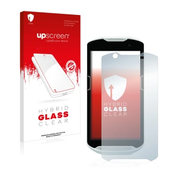 Parte frontal de un envase de producto con el logotipo de la marca upscreen. Al lado se muestra el dispositivo Zebra TC52 con 