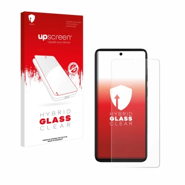 Parte frontal de un envase de producto con el logotipo de la marca upscreen. Al lado se muestra el dispositivo Motorola Moto G