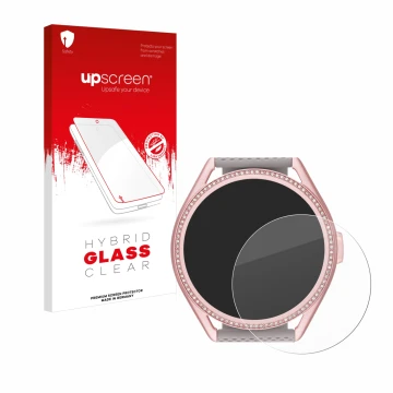 Parte frontal de un envase de producto con el logotipo de la marca upscreen. Al lado se muestra el dispositivo Michael Kors Ac