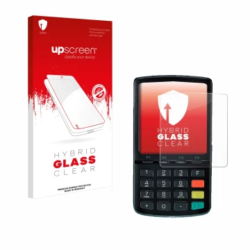 Parte frontal de un envase de producto con el logotipo de la marca upscreen. Al lado se muestra el dispositivo ingenico Link/2
