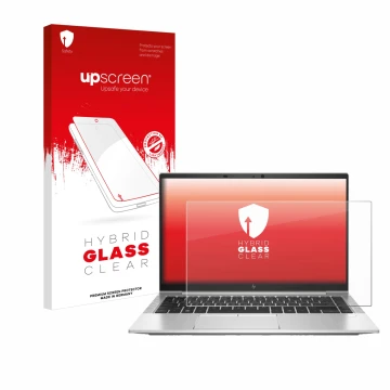 Parte frontal de un envase de producto con el logotipo de la marca upscreen. Al lado se muestra el dispositivo HP EliteBook 84