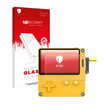 Parte frontal de un envase de producto con el logotipo de la marca upscreen. Al lado se muestra el dispositivo Panic Playdate 