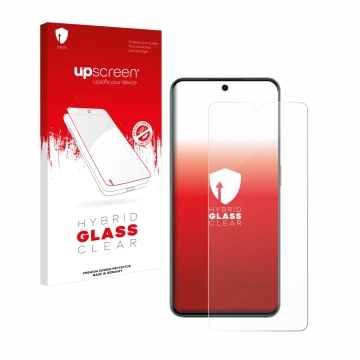 Parte frontal de un envase de producto con el logotipo de la marca upscreen. Al lado se muestra el dispositivo OnePlus 10R con