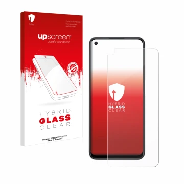 Parte frontal de un envase de producto con el logotipo de la marca upscreen. Al lado se muestra el dispositivo OnePlus Nord CE