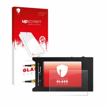 Parte frontal de un envase de producto con el logotipo de la marca upscreen. Al lado se muestra el dispositivo NanoVNA H4 con 