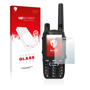 Parte frontal de un envase de producto con el logotipo de la marca upscreen. Al lado se muestra el dispositivo Motorola MXP600