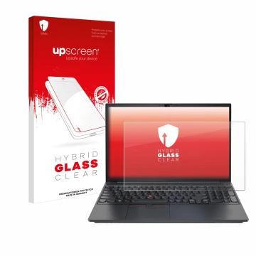 Parte frontal de un envase de producto con el logotipo de la marca upscreen. Al lado se muestra el dispositivo Lenovo ThinkPad