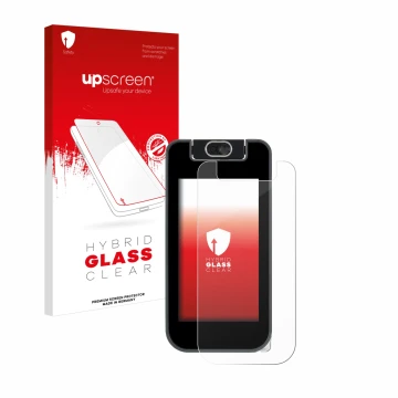 Parte frontal de un envase de producto con el logotipo de la marca upscreen. Al lado se muestra el dispositivo Vtech KidiBuzz 