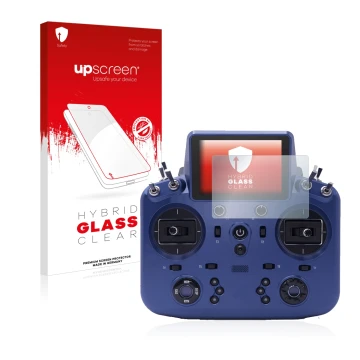 Parte frontal de un envase de producto con el logotipo de la marca upscreen. Al lado se muestra el dispositivo FrSky Tandem X1