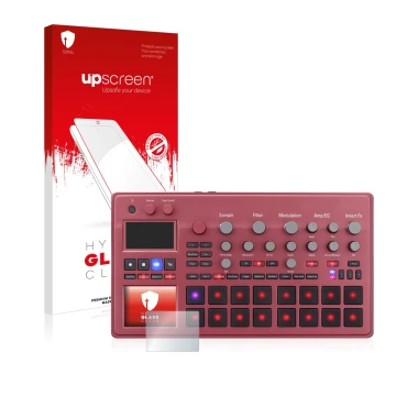 Parte frontal de un envase de producto con el logotipo de la marca upscreen. Al lado se muestra el dispositivo KORG electribe 