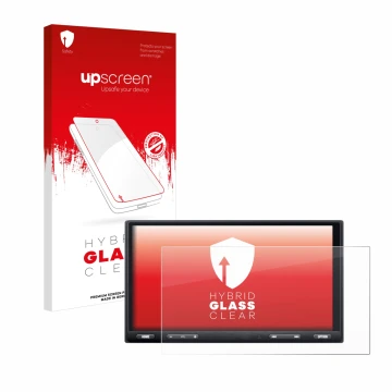 Parte frontal de un envase de producto con el logotipo de la marca upscreen. Al lado se muestra el dispositivo Sony XAV-AX5650