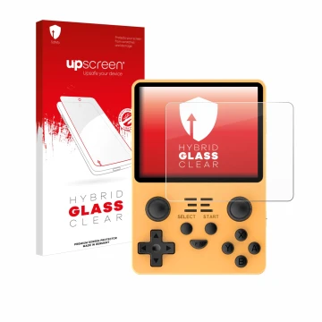 Parte frontal de un envase de producto con el logotipo de la marca upscreen. Al lado se muestra el dispositivo Powkiddy RGB20S