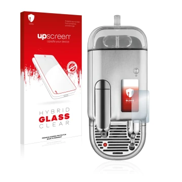 Parte frontal de un envase de producto con el logotipo de la marca upscreen. Al lado se muestra el dispositivo Sage Nespresso 