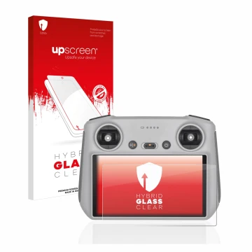 Parte frontal de un envase de producto con el logotipo de la marca upscreen. Al lado se muestra el dispositivo DJI RC Controll