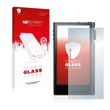 Parte frontal de un envase de producto con el logotipo de la marca upscreen. Al lado se muestra el dispositivo Astell&Kern Kan