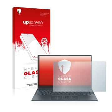 Parte frontal de un envase de producto con el logotipo de la marca upscreen. Al lado se muestra el dispositivo ASUS ZenBook 13
