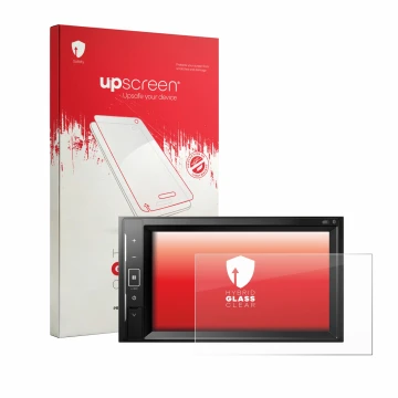 Parte frontal de un envase de producto con el logotipo de la marca upscreen. Al lado se muestra el dispositivo Pioneer AVH-A24