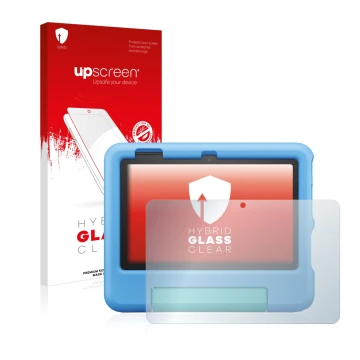 Parte frontal de un envase de producto con el logotipo de la marca upscreen. Al lado se muestra el dispositivo Amazon Fire 7 K