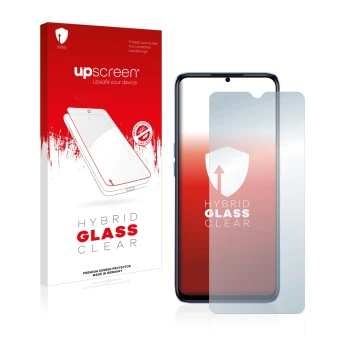 Parte frontal de un envase de producto con el logotipo de la marca upscreen. Al lado se muestra el dispositivo realme Narzo 50