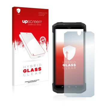 Parte frontal de un envase de producto con el logotipo de la marca upscreen. Al lado se muestra el dispositivo Doogee S98 Pro 