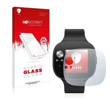 Parte frontal de un envase de producto con el logotipo de la marca upscreen. Al lado se muestra el dispositivo ASUS Vivowatch 