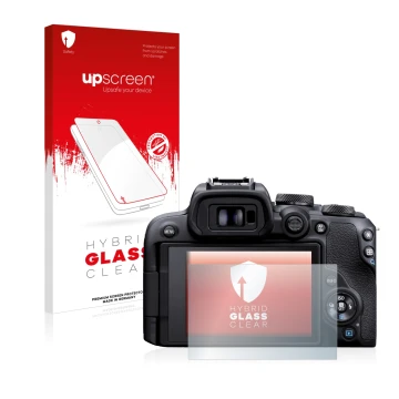 Parte frontal de un envase de producto con el logotipo de la marca upscreen. Al lado se muestra el dispositivo Canon EOS R10 c