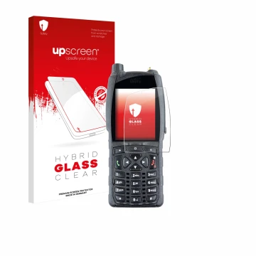 Parte frontal de un envase de producto con el logotipo de la marca upscreen. Al lado se muestra el dispositivo Sepura SC20 con