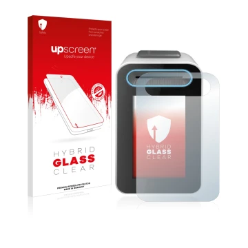 Parte frontal de un envase de producto con el logotipo de la marca upscreen. Al lado se muestra el dispositivo Cherry eHealth 