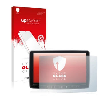 Parte frontal de un envase de producto con el logotipo de la marca upscreen. Al lado se muestra el dispositivo Alpine INE-F904