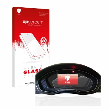 Parte frontal de un envase de producto con el logotipo de la marca upscreen. Al lado se muestra el dispositivo Audi A4 B9 2017