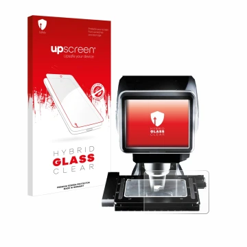 Parte frontal de un envase de producto con el logotipo de la marca upscreen. Al lado se muestra el dispositivo Keyence LM-1100