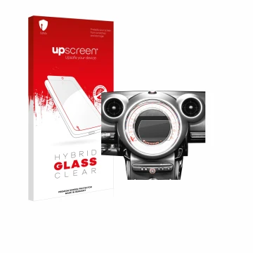 Parte frontal de un envase de producto con el logotipo de la marca upscreen. Al lado se muestra el dispositivo Mini Countryman