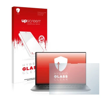 Parte frontal de un envase de producto con el logotipo de la marca upscreen. Al lado se muestra el dispositivo Dell XPS 15 951