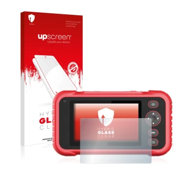 Parte frontal de un envase de producto con el logotipo de la marca upscreen. Al lado se muestra el dispositivo Launch CRP 123 
