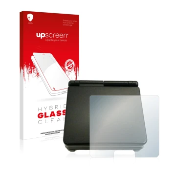 Parte frontal de un envase de producto con el logotipo de la marca upscreen. Al lado se muestra el dispositivo Nintendo Gamebo