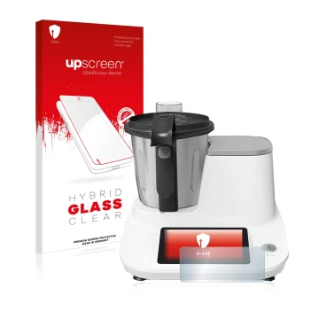 Parte frontal de un envase de producto con el logotipo de la marca upscreen. Al lado se muestra el dispositivo Moulinex Click&