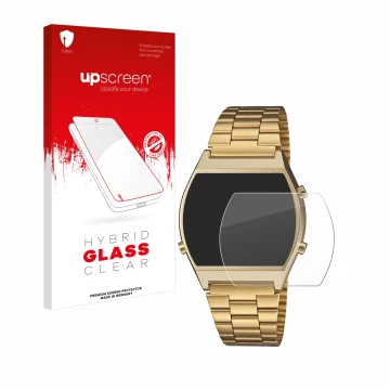 Parte frontal de un envase de producto con el logotipo de la marca upscreen. Al lado se muestra el dispositivo Casio Retro B64