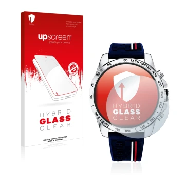 Parte frontal de un envase de producto con el logotipo de la marca upscreen. Al lado se muestra el dispositivo Tommy Hilfiger 