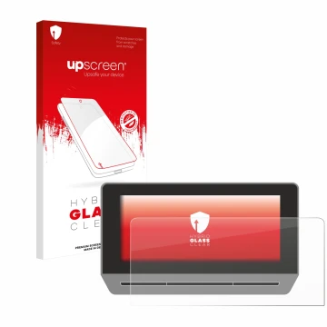 Parte frontal de un envase de producto con el logotipo de la marca upscreen. Al lado se muestra el dispositivo Seat Leon Cupra