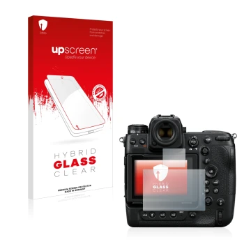 Parte frontal de un envase de producto con el logotipo de la marca upscreen. Al lado se muestra el dispositivo Nikon Z 9 (Pant