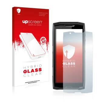 Parte frontal de un envase de producto con el logotipo de la marca upscreen. Al lado se muestra el dispositivo Crosscall Core-