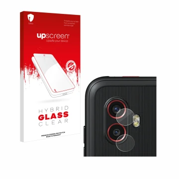 Parte frontal de un envase de producto con el logotipo de la marca upscreen. Al lado se muestra el dispositivo Samsung Galaxy 