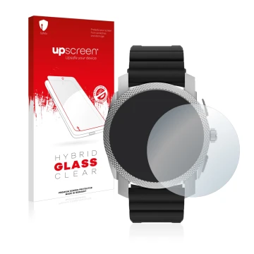 Parte frontal de un envase de producto con el logotipo de la marca upscreen. Al lado se muestra el dispositivo Fossil Gen 6 Hy