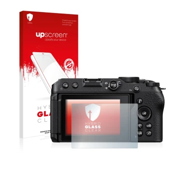 Parte frontal de un envase de producto con el logotipo de la marca upscreen. Al lado se muestra el dispositivo Nikon Z 30 con 