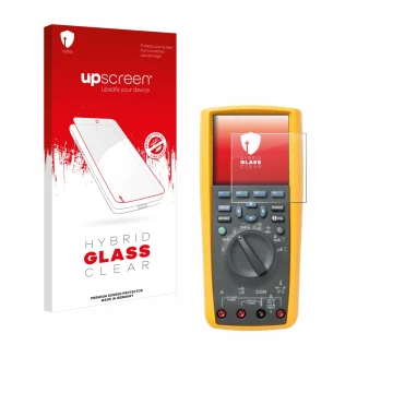 Parte frontal de un envase de producto con el logotipo de la marca upscreen. Al lado se muestra el dispositivo Fluke 287 con s