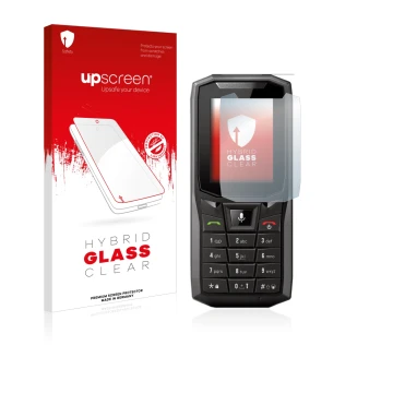 Parte frontal de un envase de producto con el logotipo de la marca upscreen. Al lado se muestra el dispositivo Crosscall Core-