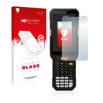 Parte frontal de un envase de producto con el logotipo de la marca upscreen. Al lado se muestra el dispositivo Point Mobile PM