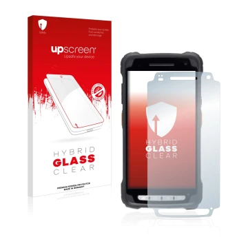 Parte frontal de un envase de producto con el logotipo de la marca upscreen. Al lado se muestra el dispositivo Janam XT3 con s