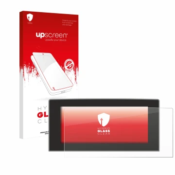 Parte frontal de un envase de producto con el logotipo de la marca upscreen. Al lado se muestra el dispositivo Ford Focus 2022