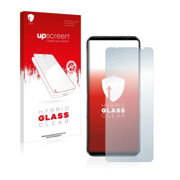 Parte frontal de un envase de producto con el logotipo de la marca upscreen. Al lado se muestra el dispositivo ASUS ROG Phone 